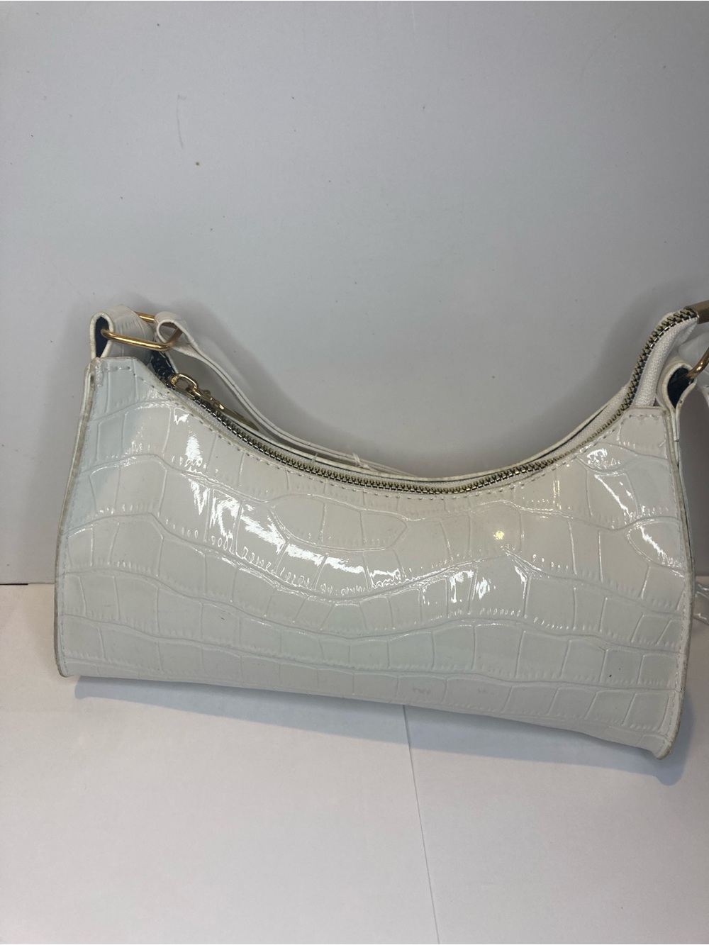 Patent Croc-Embossed White Shoulder Bag